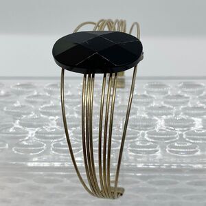 Black Stone Wire Wrap Cuff Gold Tone Bangle Handcrafted Boho Minimalist Gift